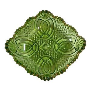 McKee Cut Etched Green Glass Candy Trinket Dish Gold Edge Rim 7.25” Art Deco